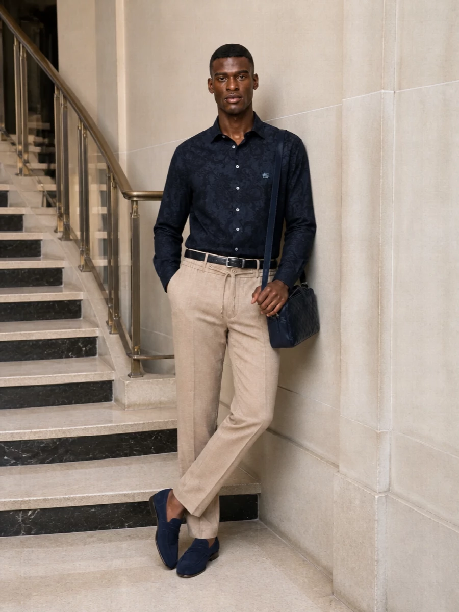 Etro navy paisley shirt sand trousers loafers