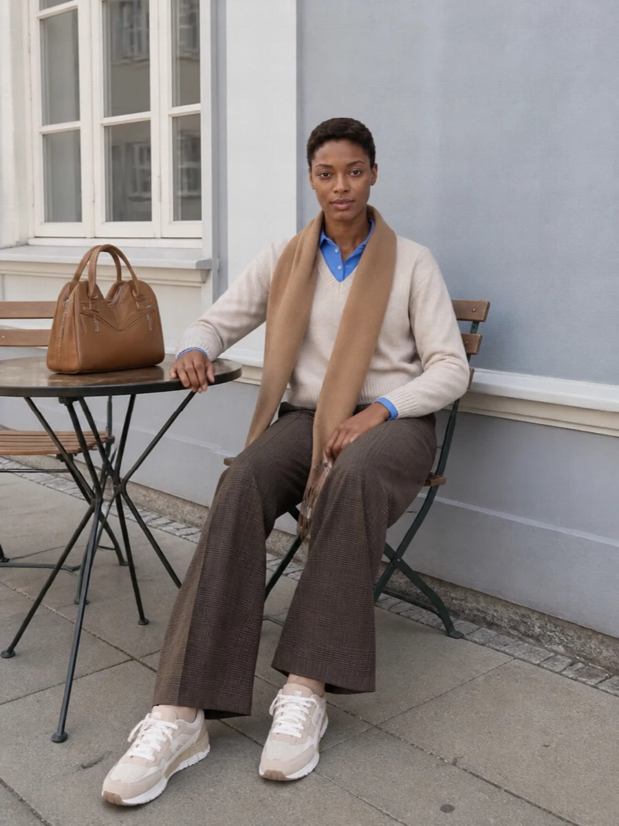 A soft beige V-neck with its cornflower collar sits over high-waisted checked flares for a modern take on collegiate dressing. Cream and taupe sneakers keep the mood relaxed, while the caramel tote and camel scarf pull the neutrals together in a quietly polished palette. The proportions stay long and lean, so the outfit feels considered without tipping into corporate tailoring.