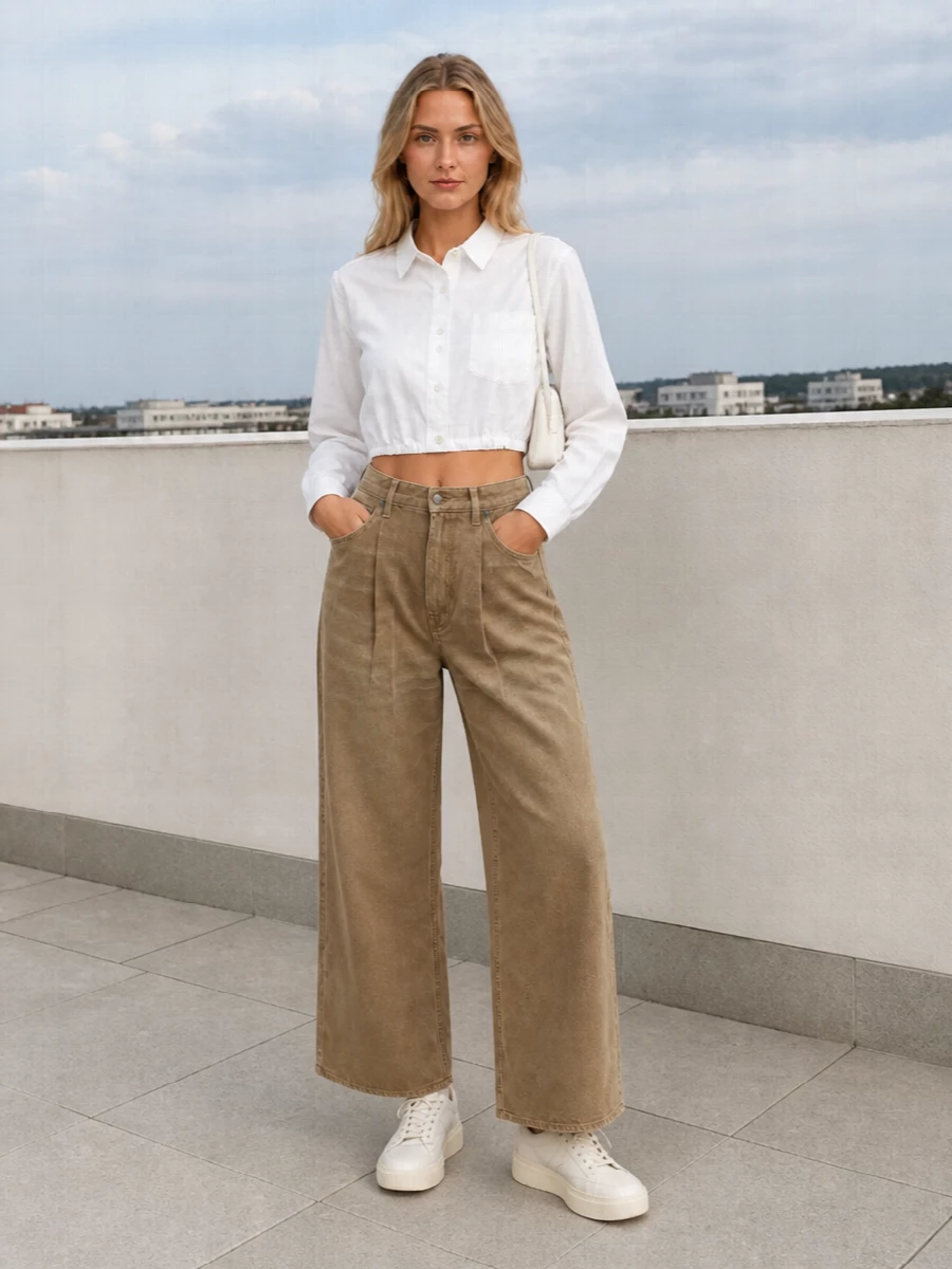 R13 cropped shirt camel wide leg trousers outfit