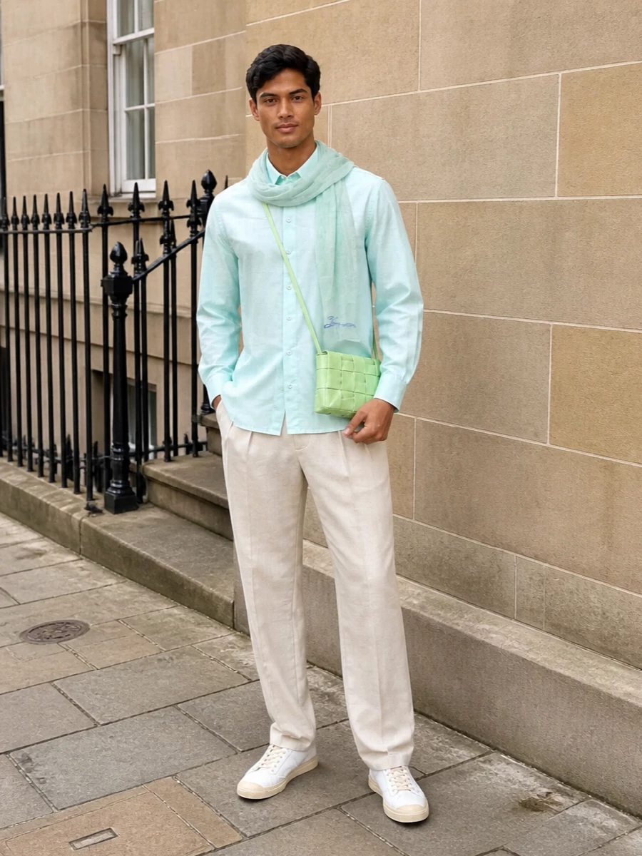 Jacquemus mint shirt prada beige trousers outfit