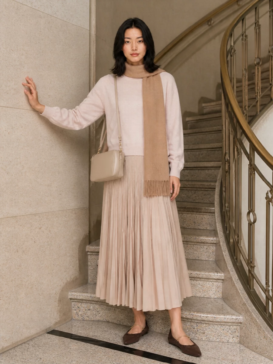 Warm neutrals keep this pairing serene, with the blush-beige knit echoing the skirt’s softness for a gentle, tonal column. Deep chocolate flats quietly anchor the palette, while the compact beige crossbody and camel scarf add structure and texture without disturbing the fluid silhouette. It is an easy, quietly polished outfit for city days that drift into dinner with friends.