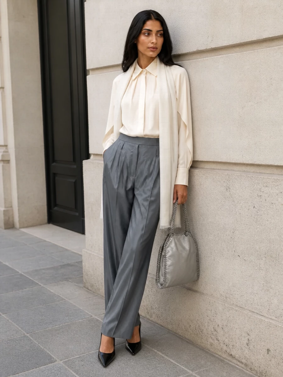 Max mara ivory blouse grey wide leg trousers
