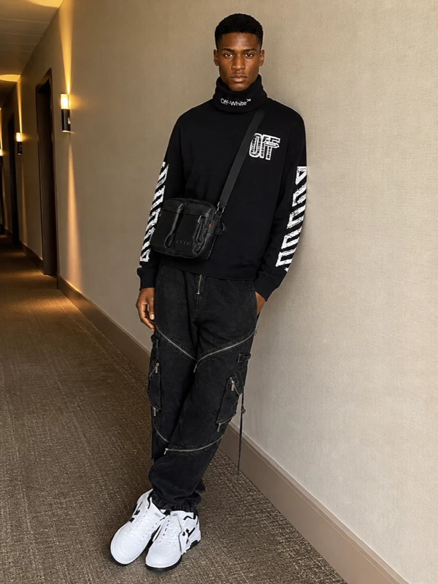 Off white black sweatshirt cargo pants streetwear outfit