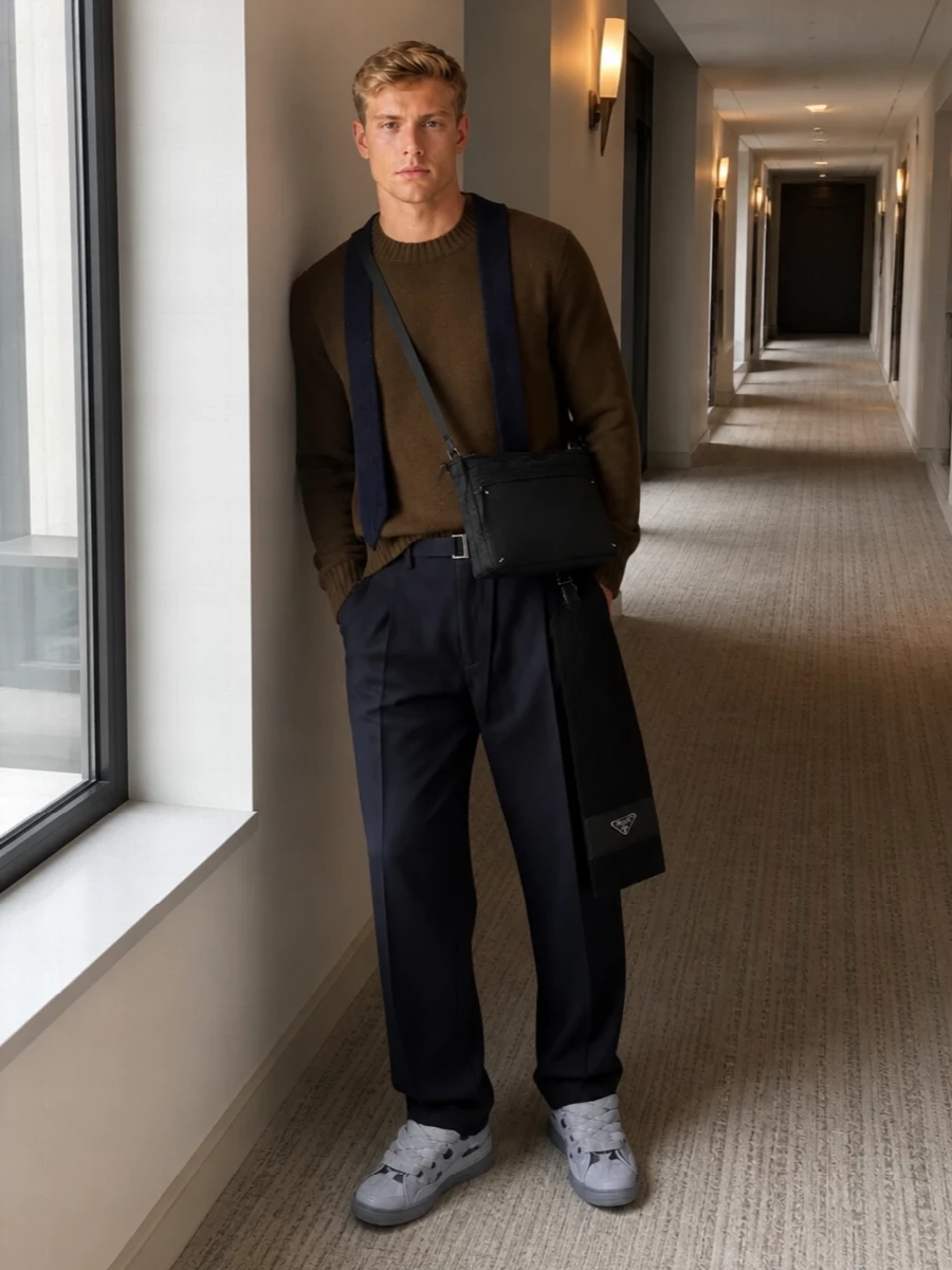 Sacai sweater navy trousers lanvin sneakers