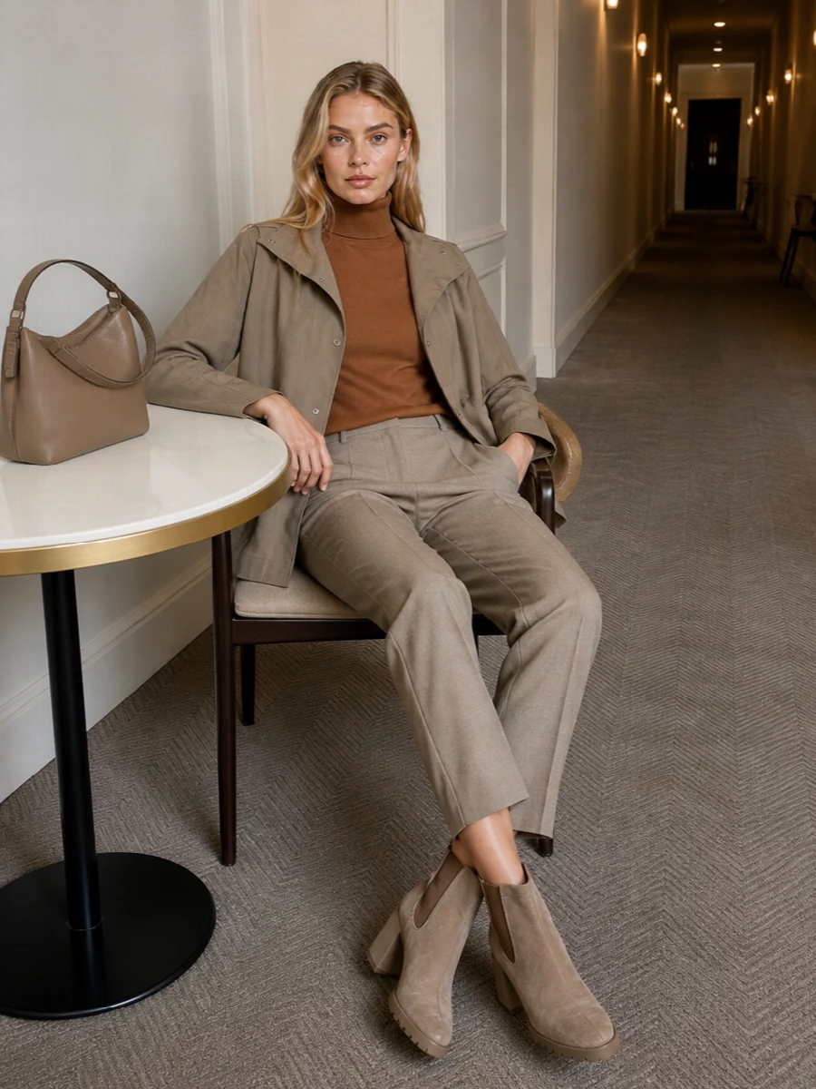 I chose the knit-and-trouser route rather than a dress so the Totême coat can read as the soft, relaxed anchor against a clean tailored column. Warm taupe and caramel neutrals run head to toe, with subtle shifts in tone keeping it rich but still minimal. The result is a quietly luxurious city uniform that feels appropriate from office days to low-key dinners all season.