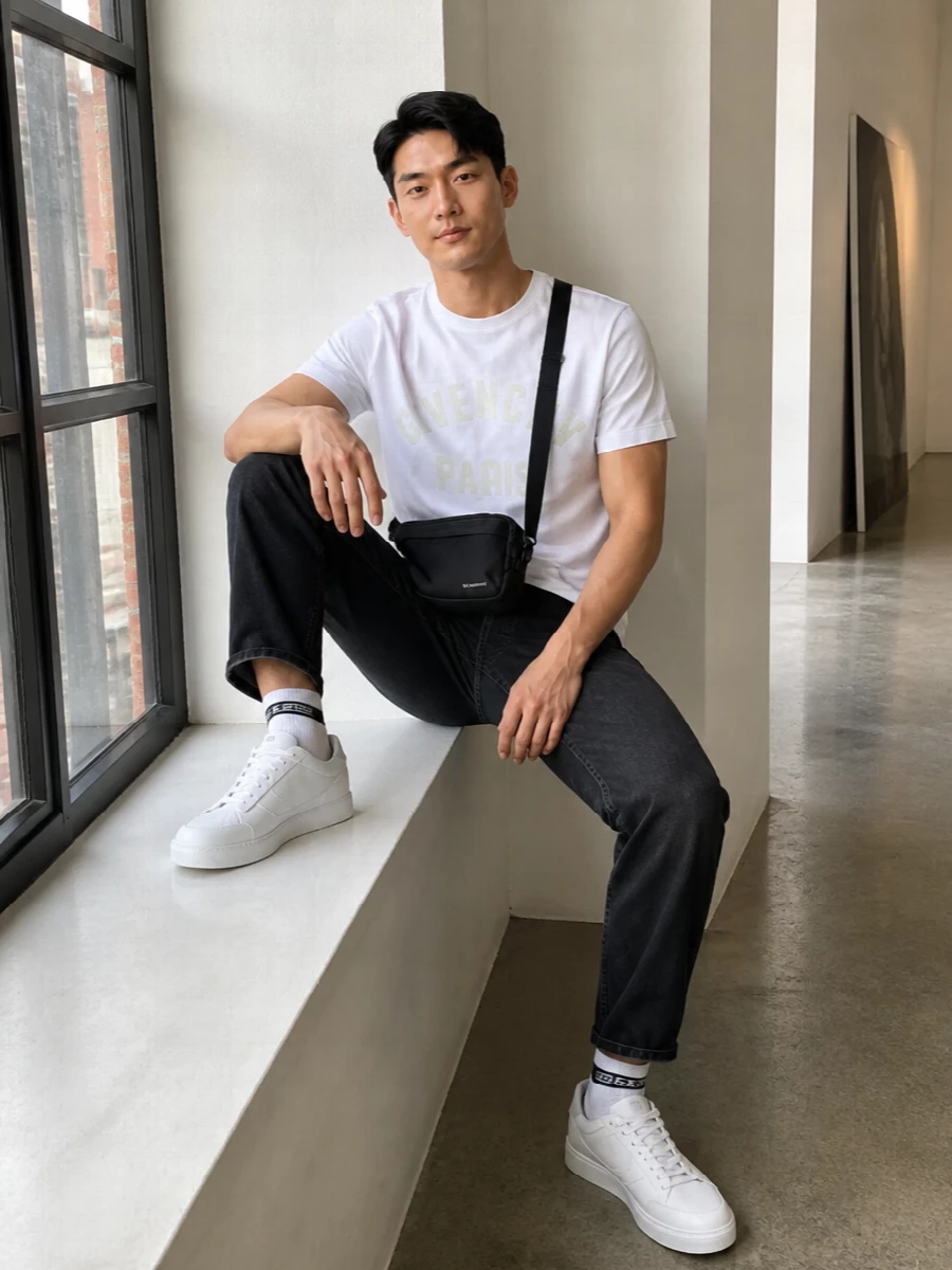 Givenchy logo tee black jeans white sneakers