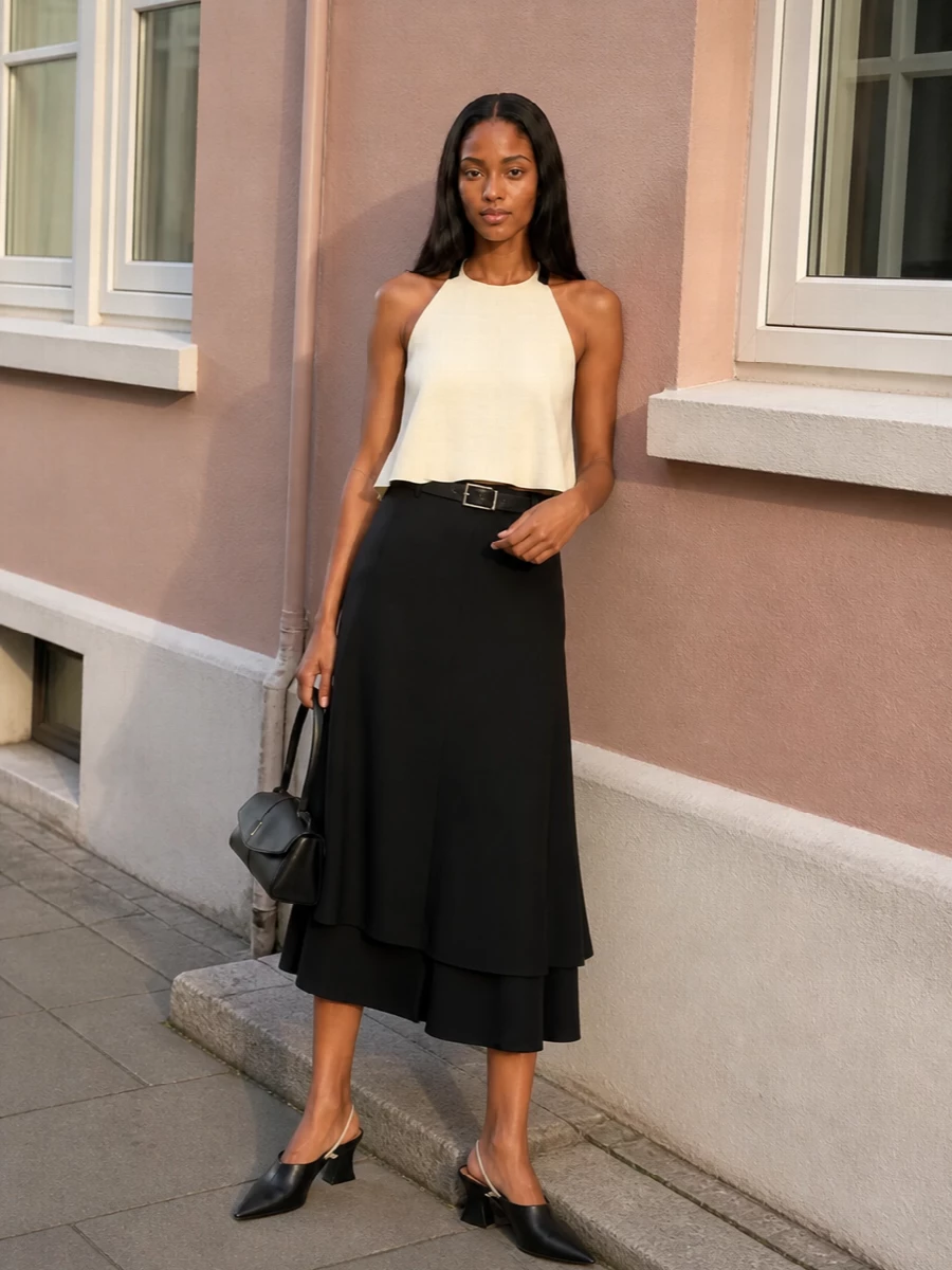 Jil sander black midi skirt halter evening outfit
