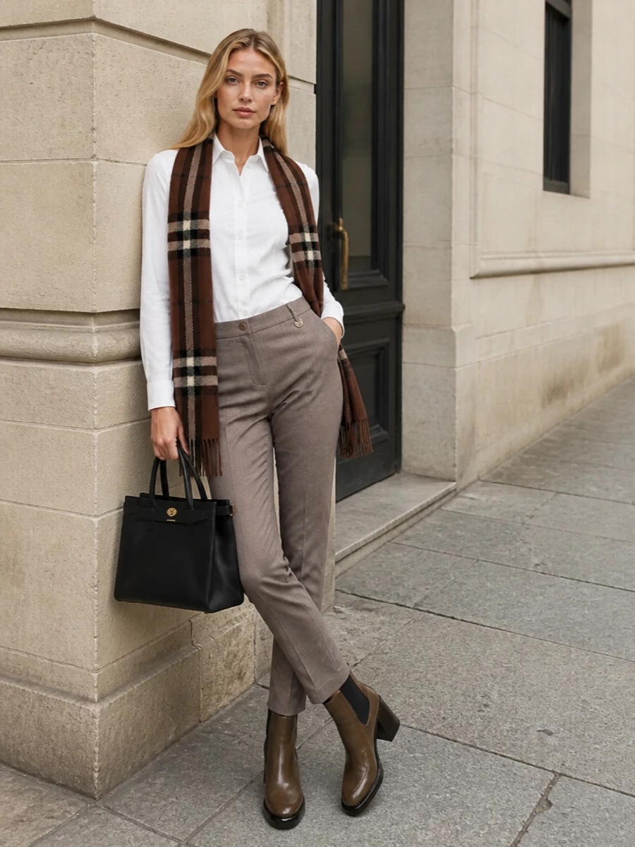 Burberry herringbone trousers white shirt outfit