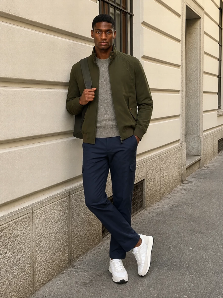 Baracuta bomber herno cargo trousers outfit