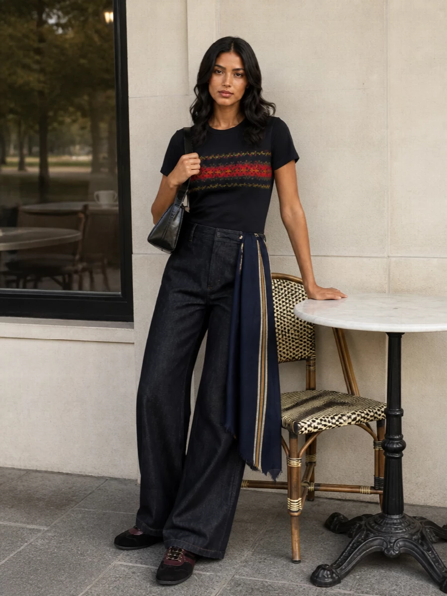 Dries Van Noten’s graphic tee sits against inky wide-leg denim for a dark, modern take on streetwear that still feels quietly grown up. Slim, nocturnal-toned sneakers and a glossy structured shoulder bag keep the line clean and intentional, while a navy striped scarf adds just enough texture and movement without diluting the palette.