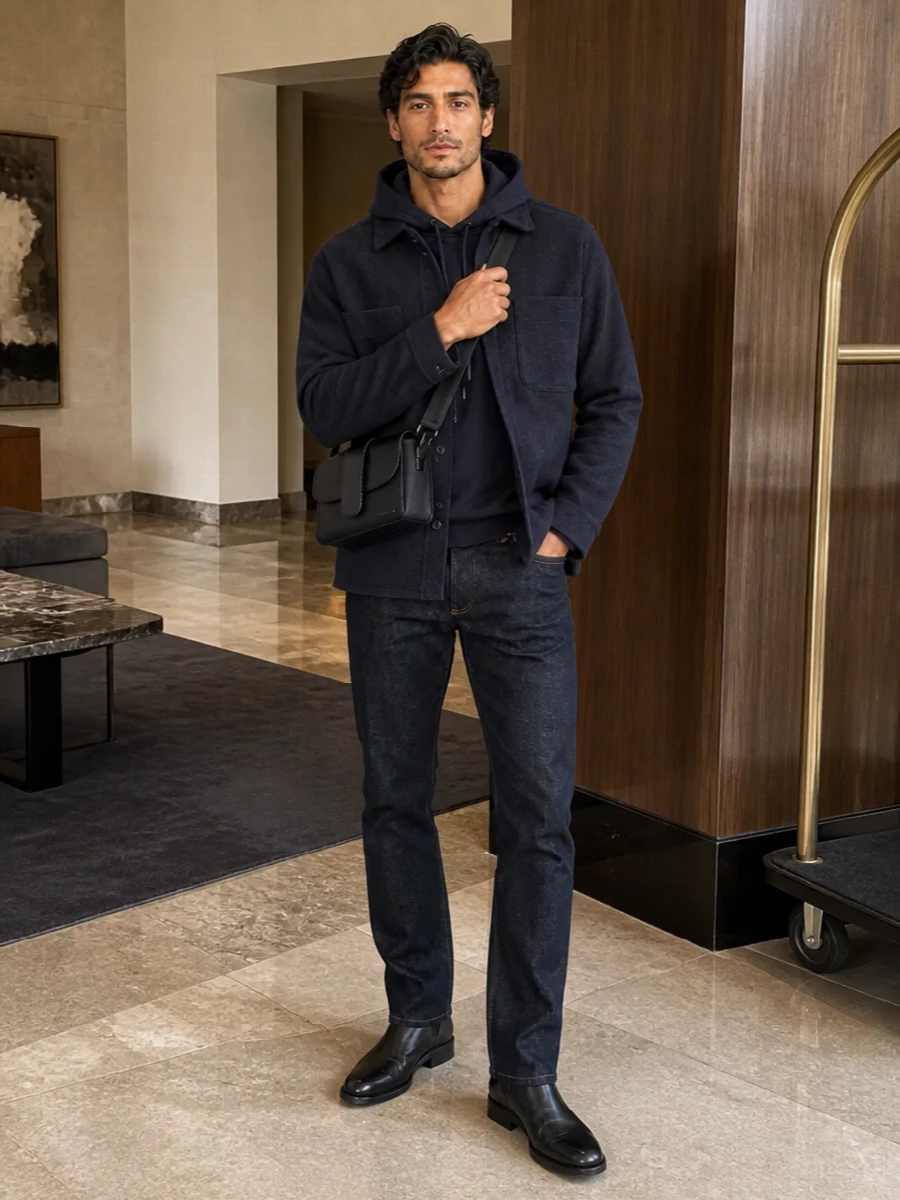 A navy-on-navy story grounded in dark indigo denim, this combination is built for city days that move quietly from errands to casual dinners. The hoodie under the shirt jacket keeps it relaxed, while sleek boots and a structured crossbody sharpen the attitude without tipping into formality. It is minimal, practical and easy to wear on repeat once temperatures drop.