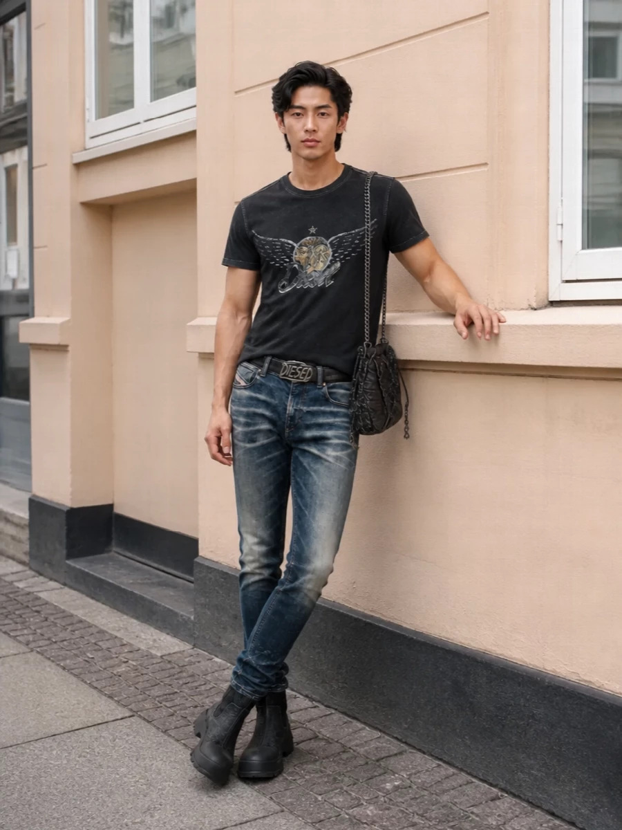 Diesel skinny jeans graphic tee chunky boots
