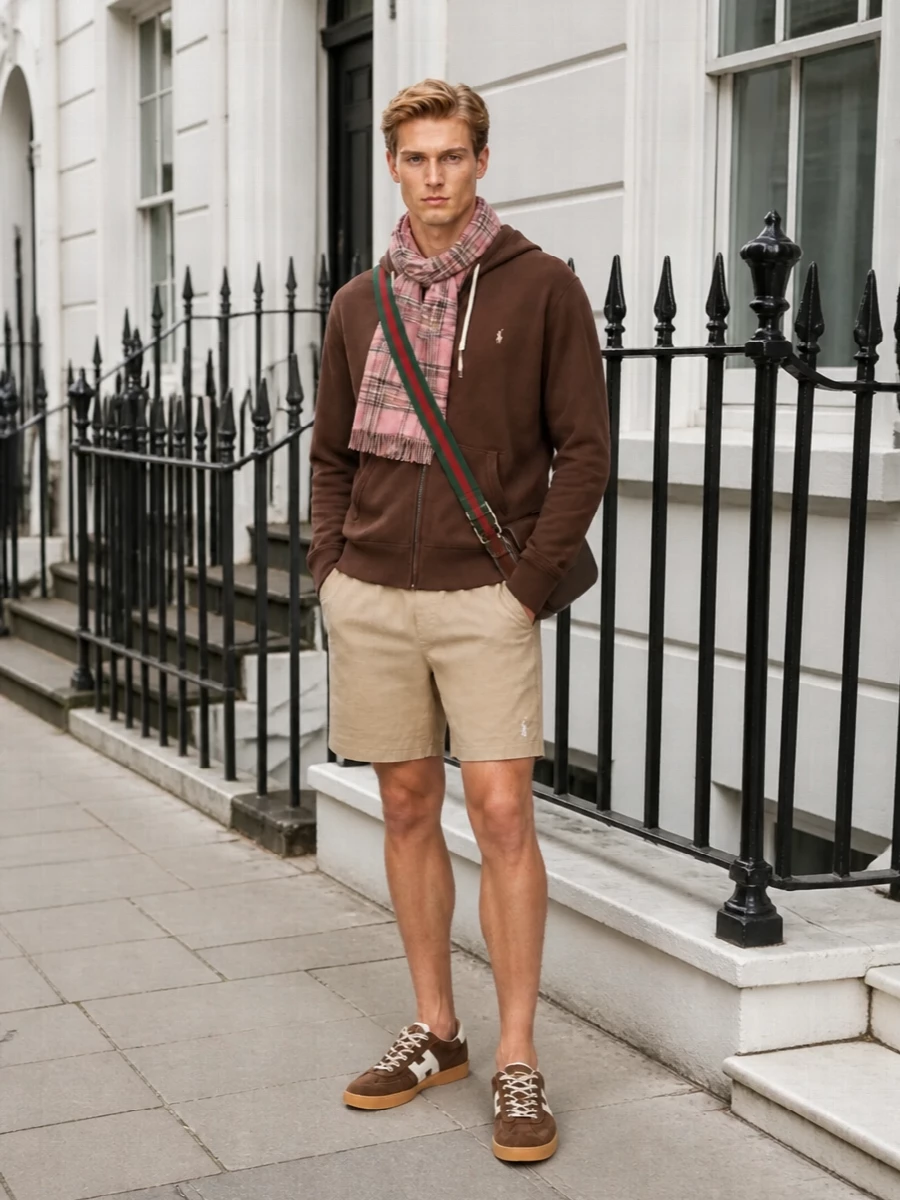 A chocolate zip hoodie softens into sand shorts and matching suede sneakers for a warm, collegiate riff on weekend sport. The Gucci crossbody and Burberry scarf quietly nudge the palette into travel-ready, grown-up territory without disturbing the ease.