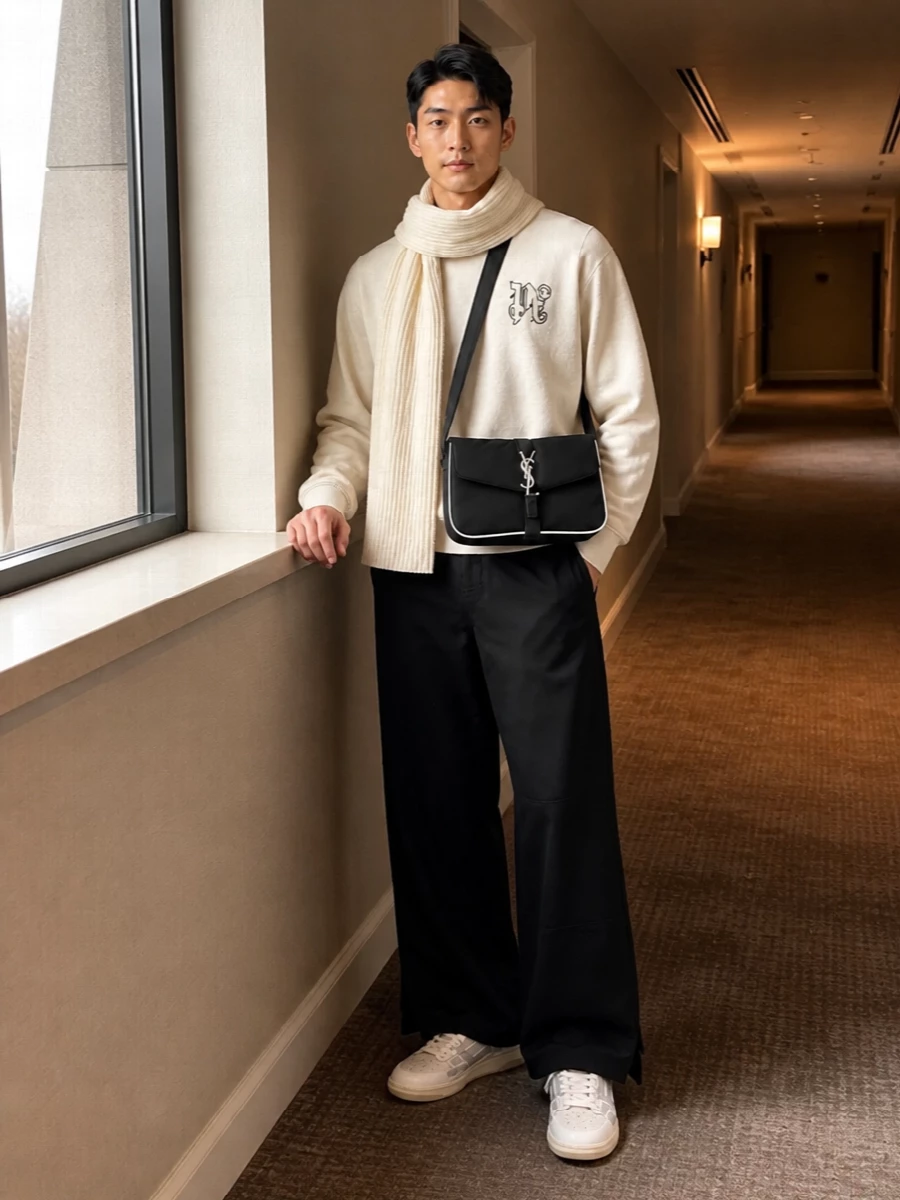 Palm Angels’ cream knit pairs with black wide-leg trousers for a clean, relaxed street uniform that feels intentional rather than slouchy. Pale Amiri sneakers keep the base light and modern against the darker leg, while a black Saint Laurent shoulder bag adds a sharp graphic finish. The cream scarf pulls the tones together, framing the face and reinforcing the understated, skate-rooted mood.