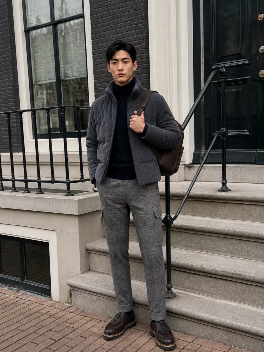 Paul shark puffer grey cargo trousers outfit