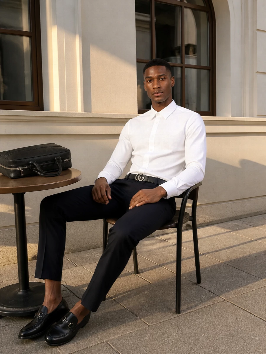 A crisp white Gucci shirt meets deep navy tailoring for a clean, confident uniform that reads sharp without feeling stiff. Black horsebit loafers, a slim logo belt and a structured briefcase keep the lines precise and professional while staying quietly branded. It is a modern, boardroom-to-dinner combination built on proportion, restraint and immaculate finishing.
