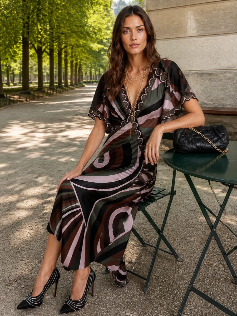 A print-led Pucci wrap dress takes center stage, anchored by sharp crystal-traced black pumps and a sculpted black clutch for a clean, night-ready base. A pearl lariat pools into the neckline, softening the graphic geometry with romantic drape and echoing the dress’s fluid movement. The result is cocktail dressing that feels artistic yet precise, all in a moody palette of ink black, olive and dusty mauve pink.