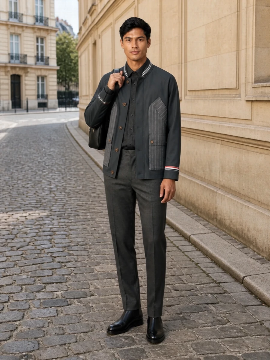 Thom browne charcoal coach jacket tailored trouser