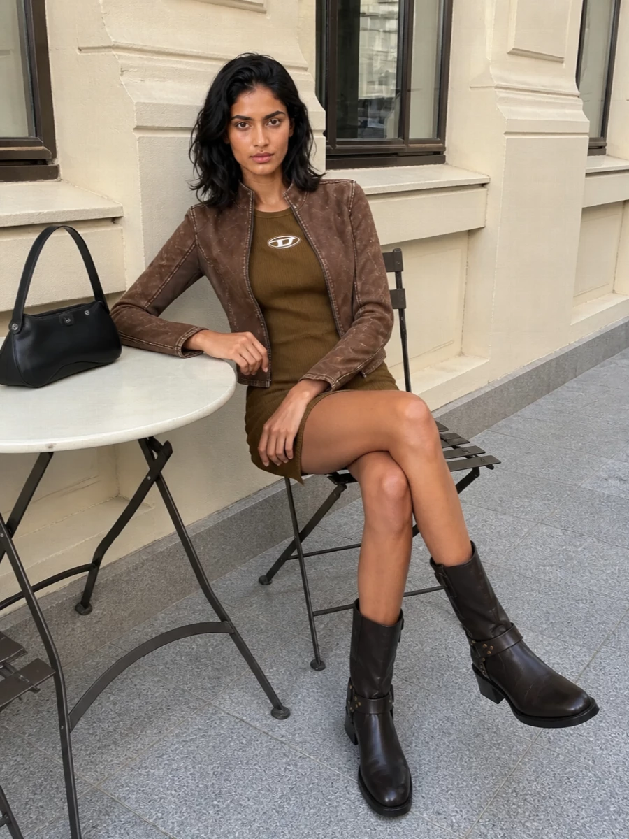 Diesel brown jacket camel mini dress outfit