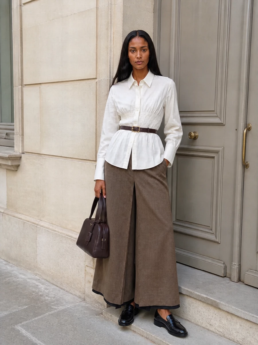 Prada taupe wide leg trousers ivory shirt outfit