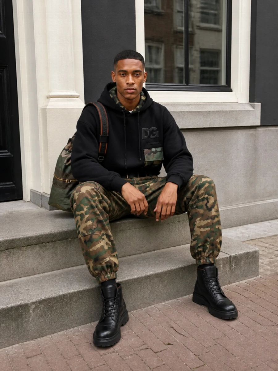 Dolce gabbana camo hoodie black high top outfit