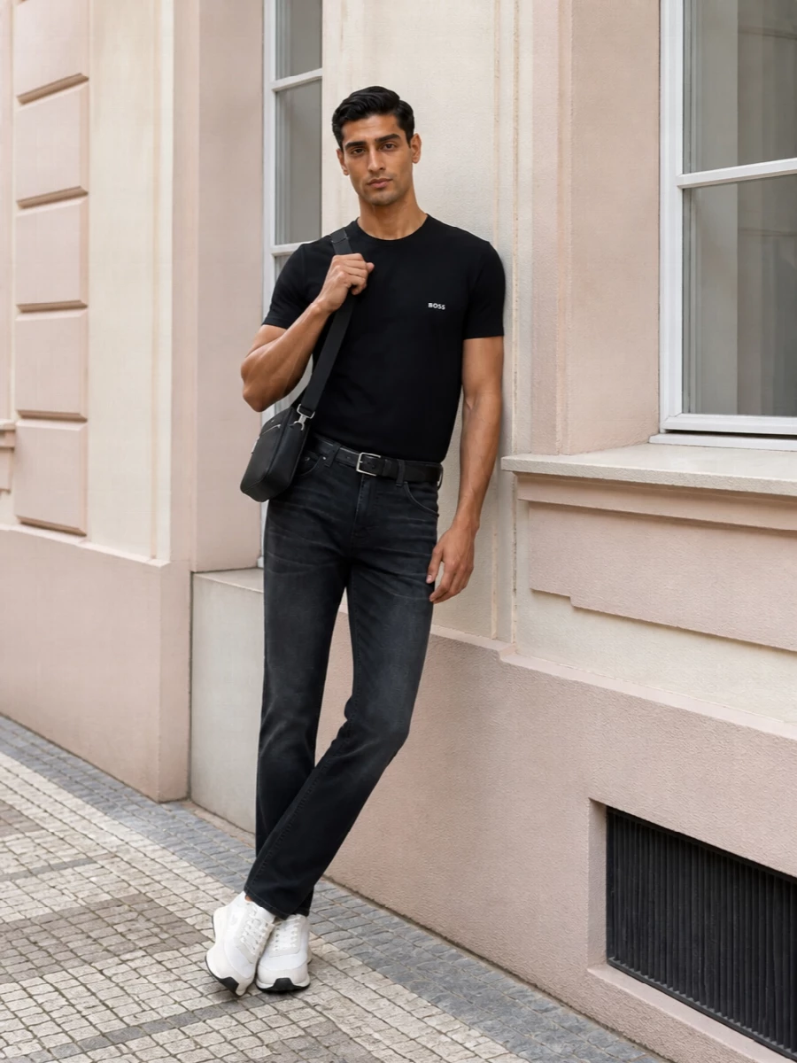 Boss black tee dark jeans white sneakers outfit