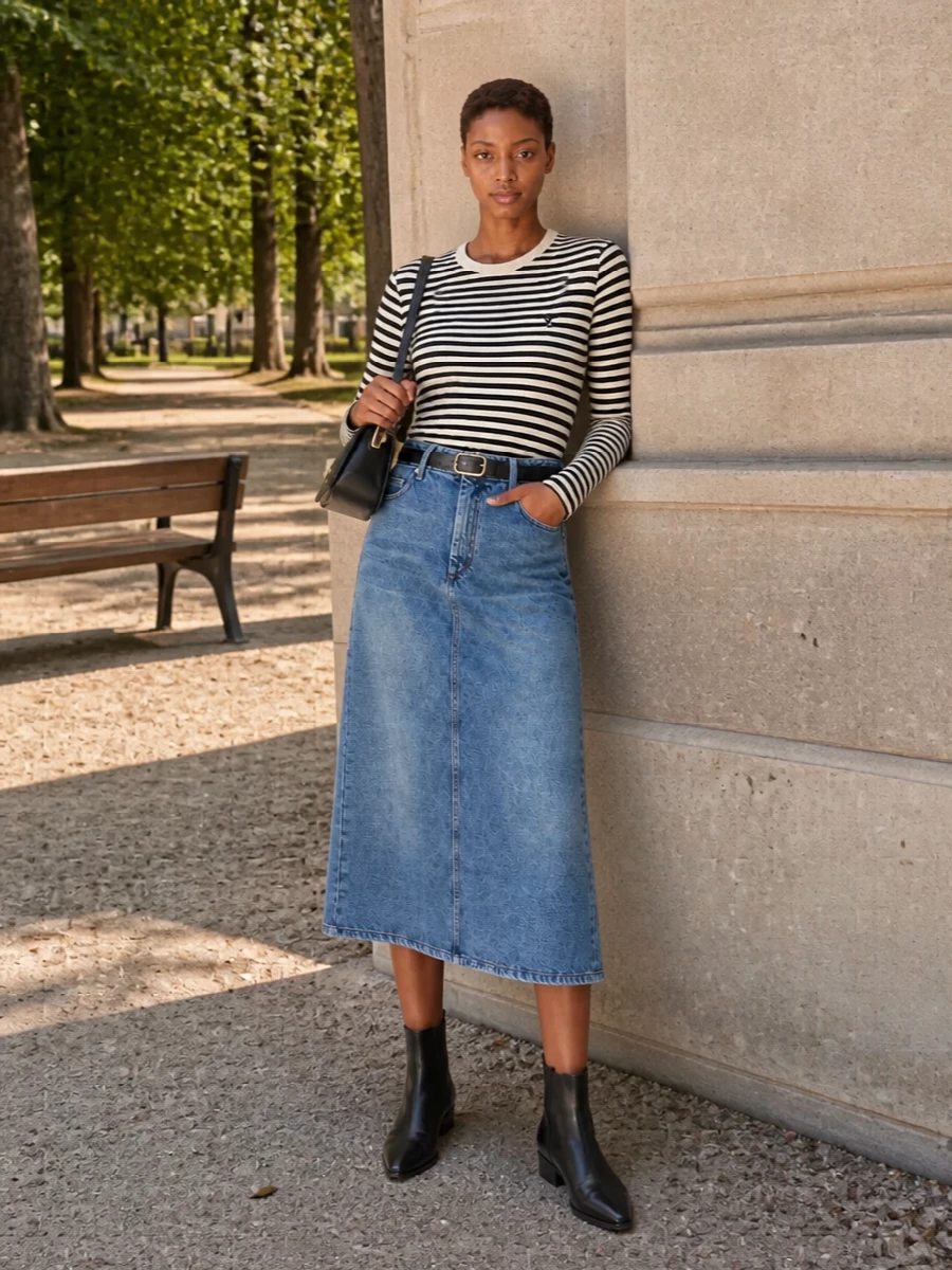 Ami paris denim skirt striped sweater outfit