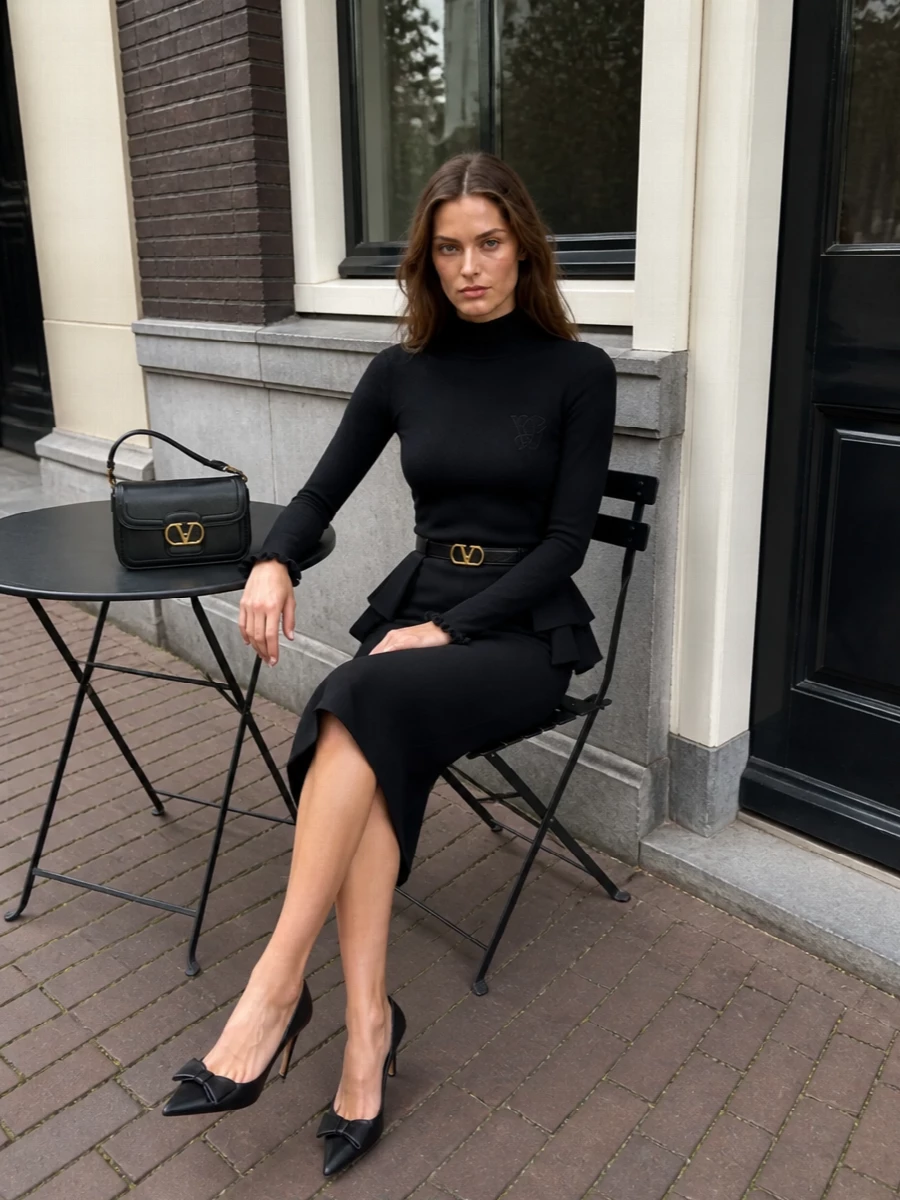 Valentino black pencil skirt outfit knit top