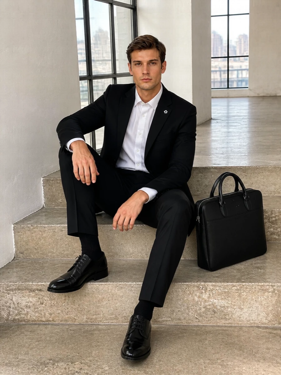 Lardini black suit ferragamo briefcase