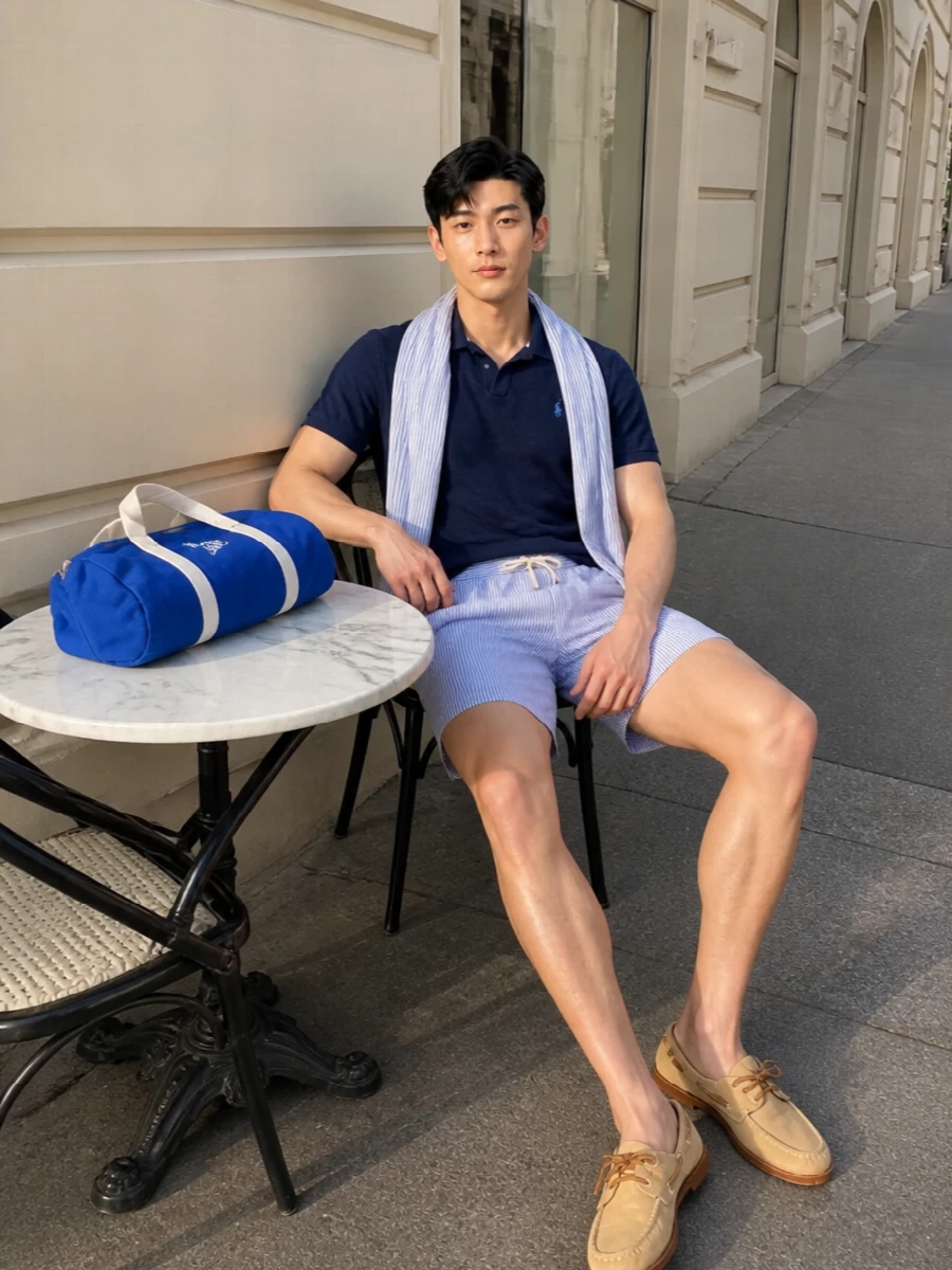Softly striped Ralph Lauren swim shorts meet a navy terry polo for a clean, coastal pairing that feels considered without losing ease. Sand suede boat shoes and a royal-blue duffle keep the mood firmly in the beach-club-to-boardwalk sweet spot. A lightweight striped scarf ties the palette together while adding just enough personality and practicality for long days by the water.