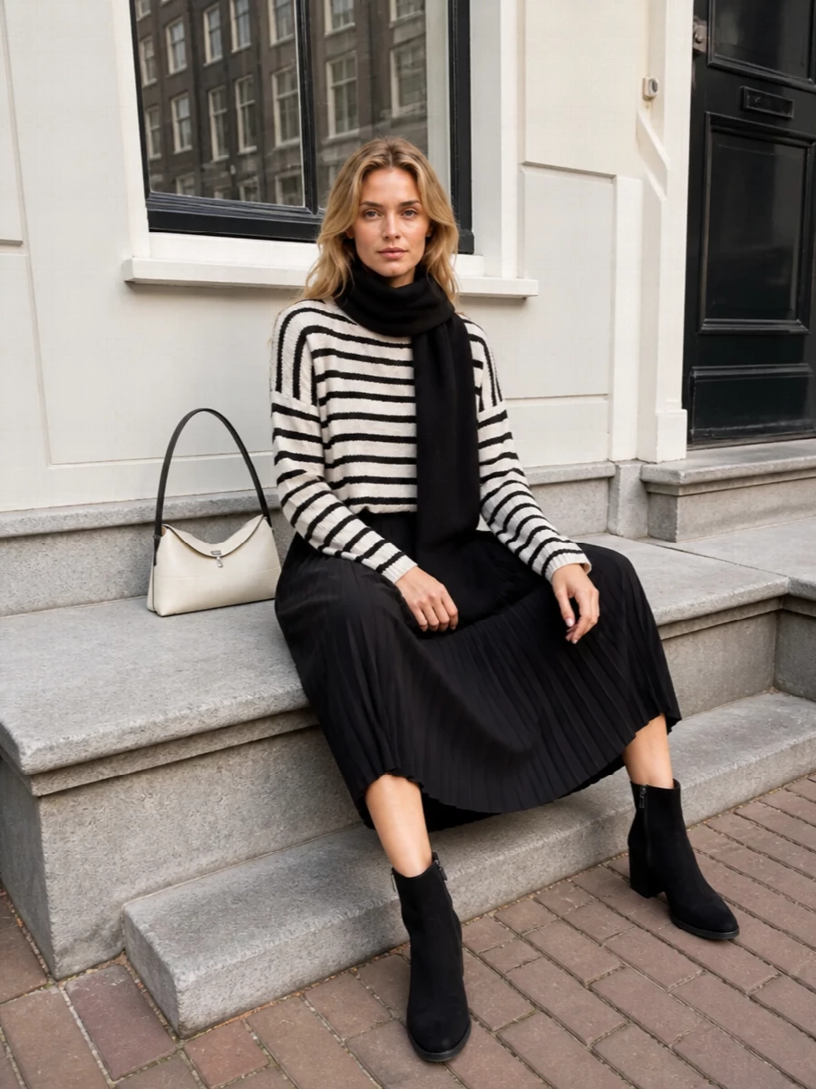 Lisa yang striped turtleneck black midi outfit