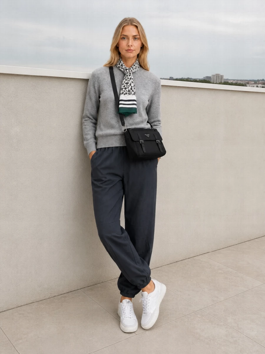 Prada grey sweater technical jogger white sneakers