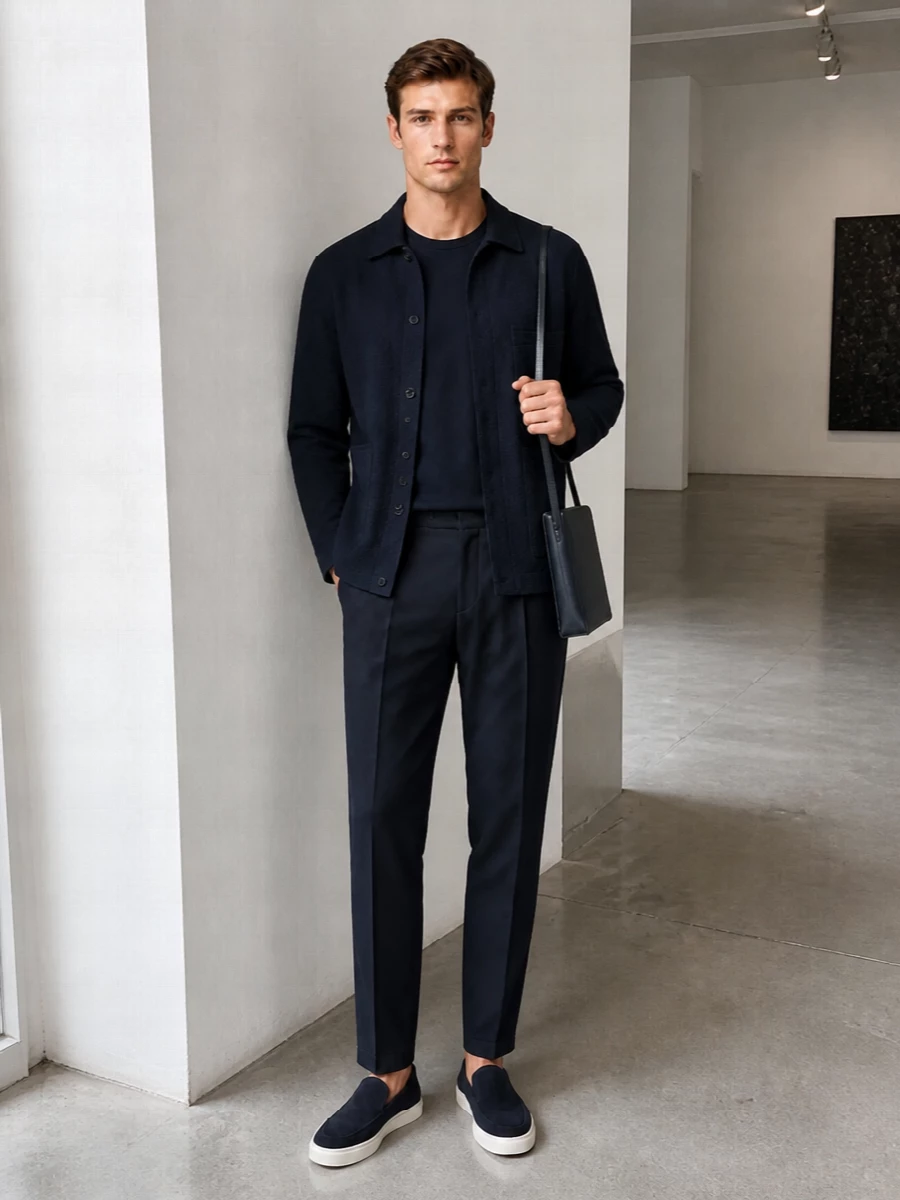 Giorgio armani navy shirt jacket outfit loafers