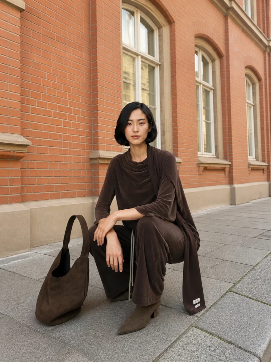 Dark chocolate velvet on top of the fluid wide-leg creates a single, moody column, broken only by the sharp point of the sculptural ankle boot. The suede bucket and soft scarf keep everything in the same hushed brown register, so the focus stays on proportion and movement rather than contrast. It feels like Rick off-duty: slouchy, severe and quietly rich in texture.