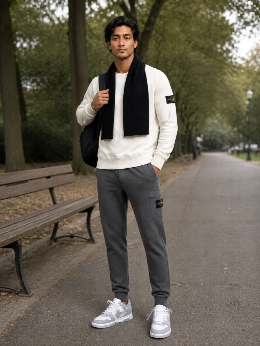 Stone island sweatshirt charcoal joggers off white sneakers