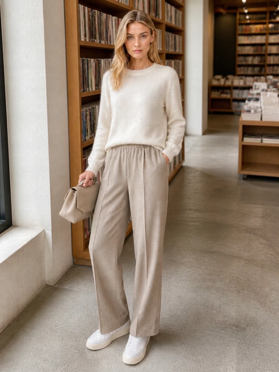 Buttercream and soft taupe sit together in a calm, tonal story that feels considered but relaxed. The straight-leg trouser sharpens the plush knit just enough, while the low-profile sneakers and structured taupe bag keep the outfit practical for full days without losing its quiet finish.