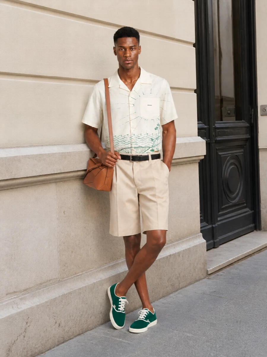 Prada camp shirt tailored resort shorts outfit