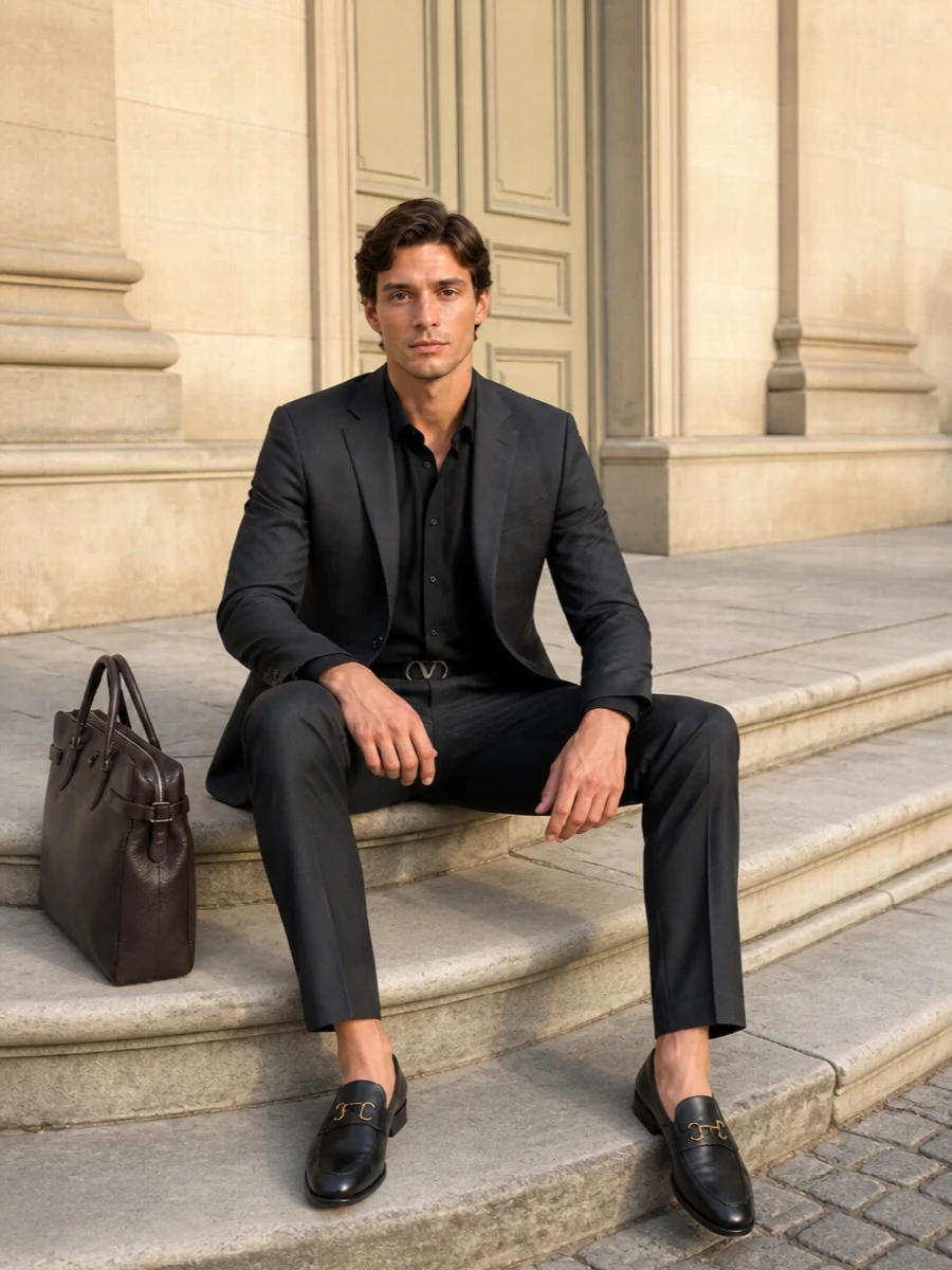 Charcoal tailoring and black straight-leg trousers create a precise, long line that works as hard in a boardroom as it does at a dinner reservation. Sleek penny loafers keep the footing formal but unfussy, while a structured espresso briefcase and a slim black belt add just enough quiet detail to signal intent without disturbing the calm, minimal palette. The result is a sharply controlled, quietly authoritative ensemble built entirely on Valentino’s refined tailoring codes.