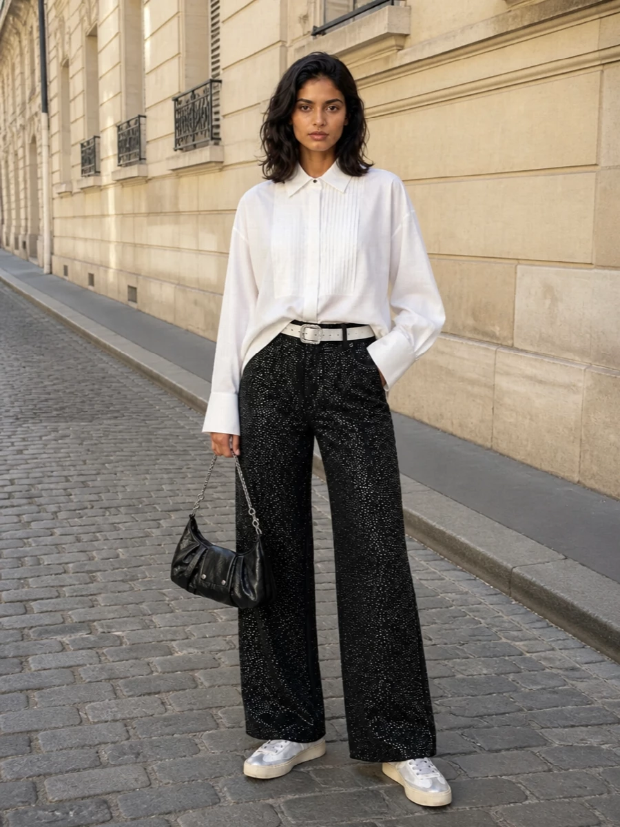 Golden goose studded trousers tuxedo shirt outfit