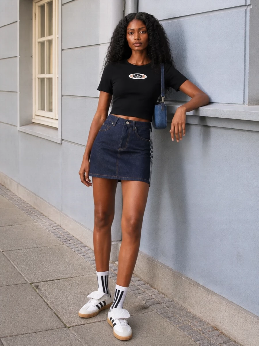 Adidas denim mini crop top sneaker outfit