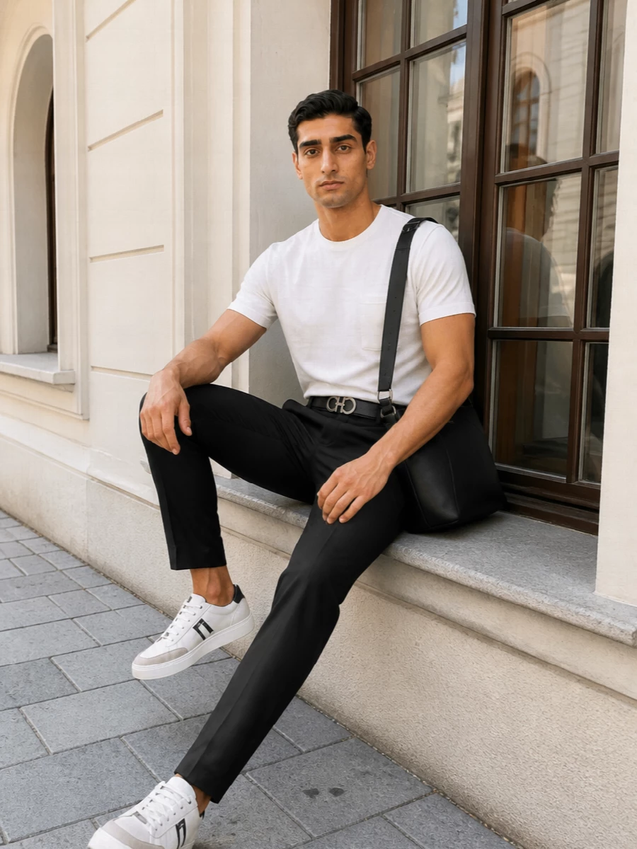 Ferragamo tee prada black trousers sneakers