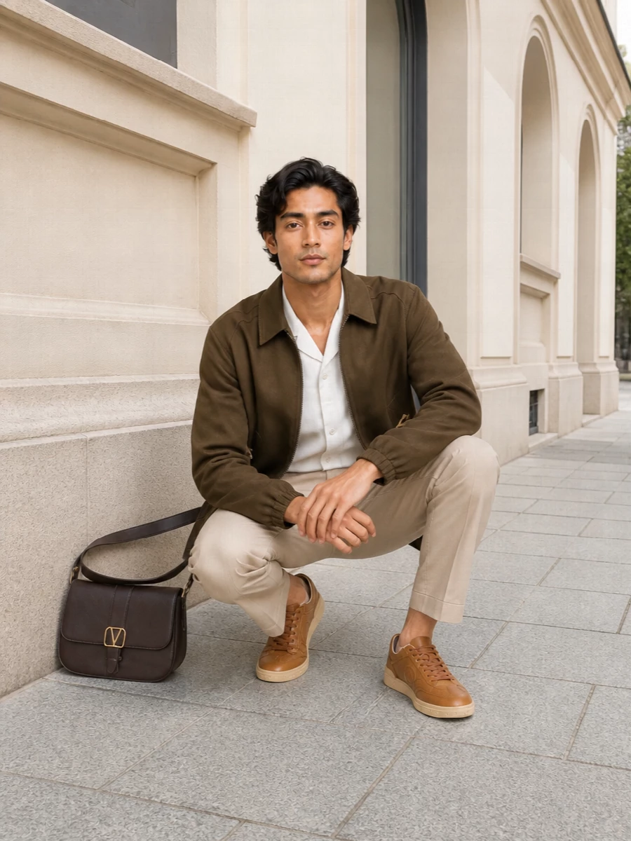 Valentino olive jacket beige chinos tan sneakers