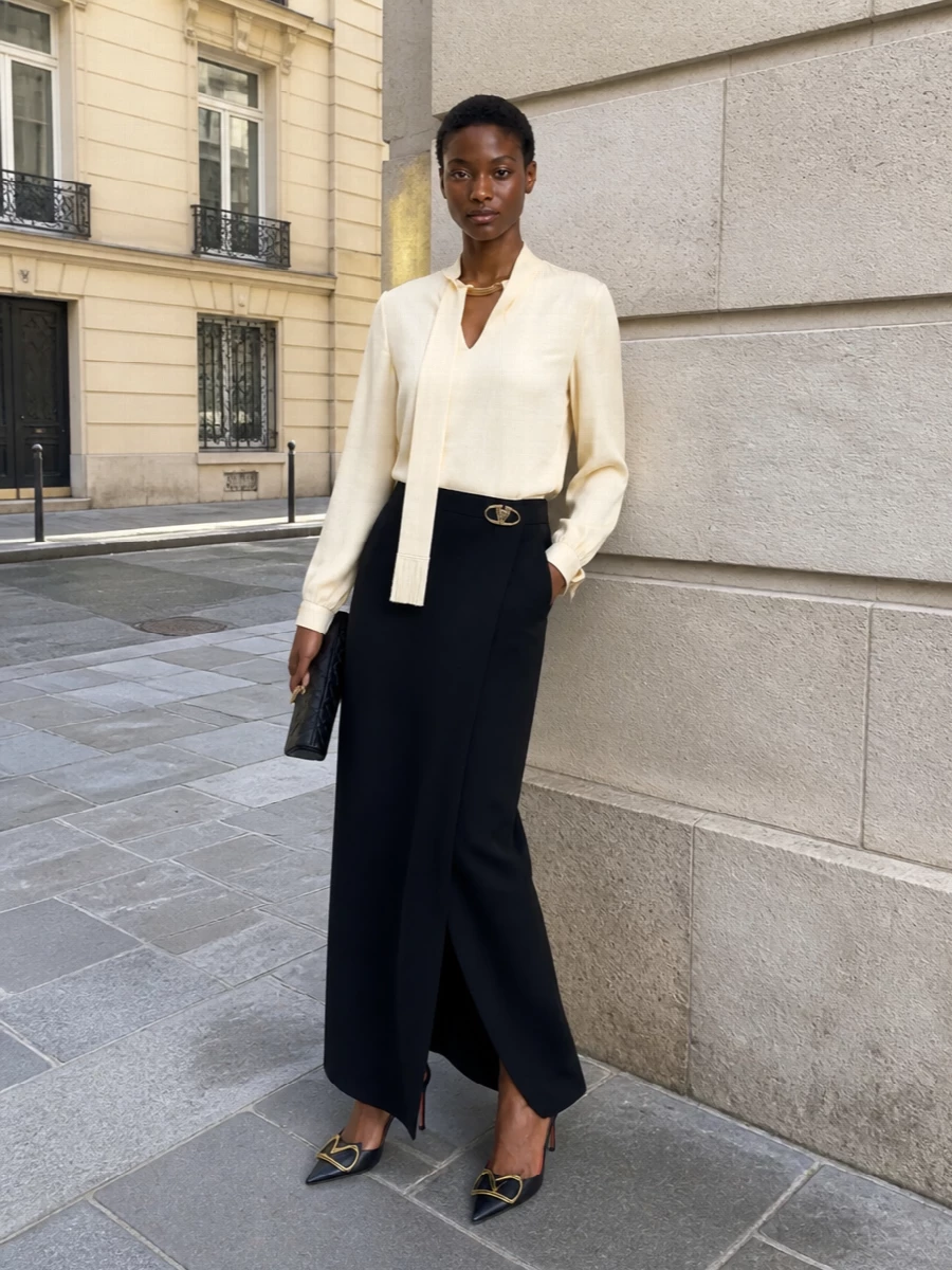 Black wrap maxi skirt scarf blouse evening outfit
