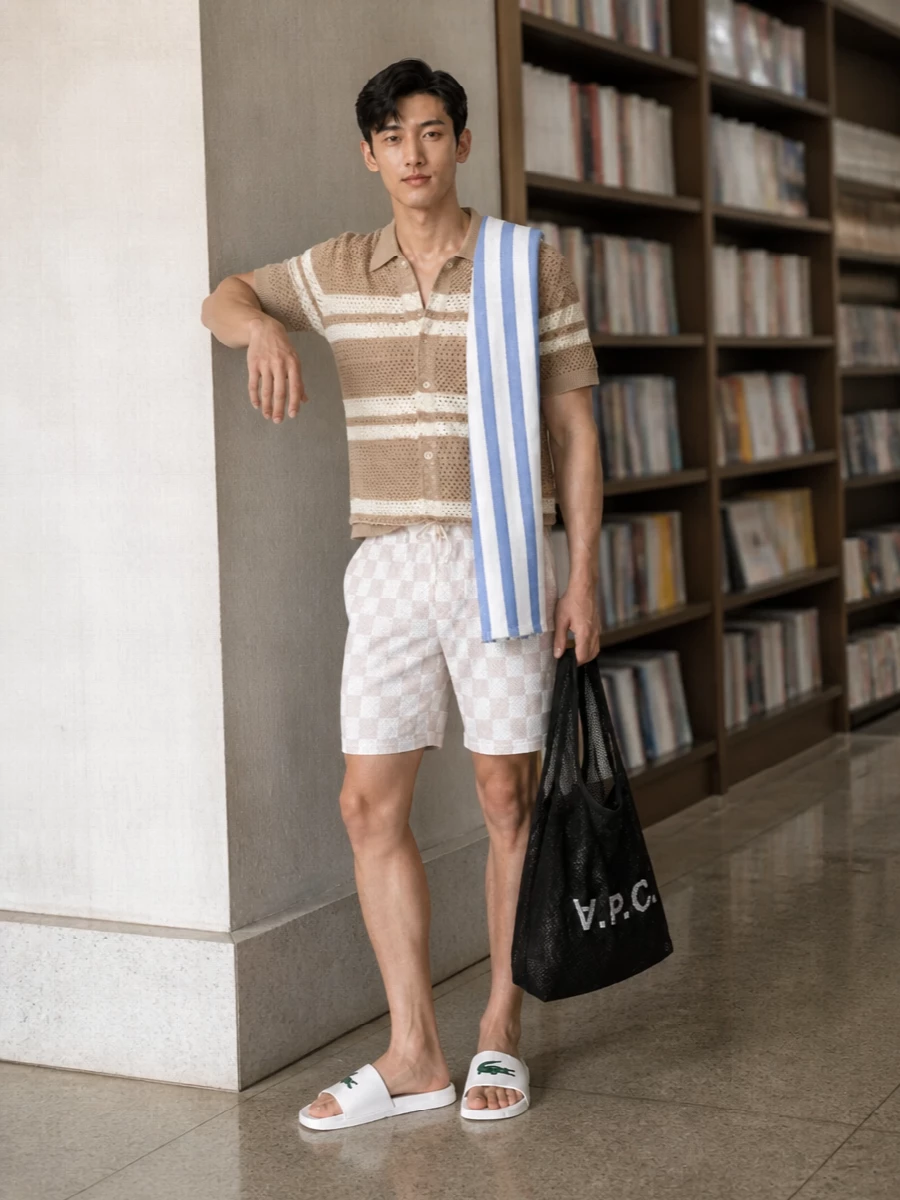 Soft neutrals and open weaves keep this outfit light, from the checked mesh short to the airy striped cardigan. White slides and a mesh shopper underline the easy, sport-preppy mood, while a striped scarf adds a subtle coastal hit of colour. It is relaxed enough for beach days but still considered enough for a coffee stop on the way home.