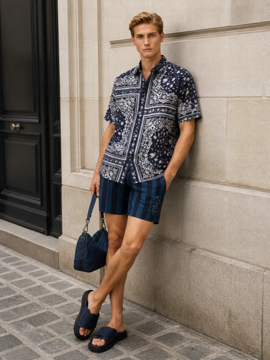 Fendi striped swim shorts navy resort outfit
