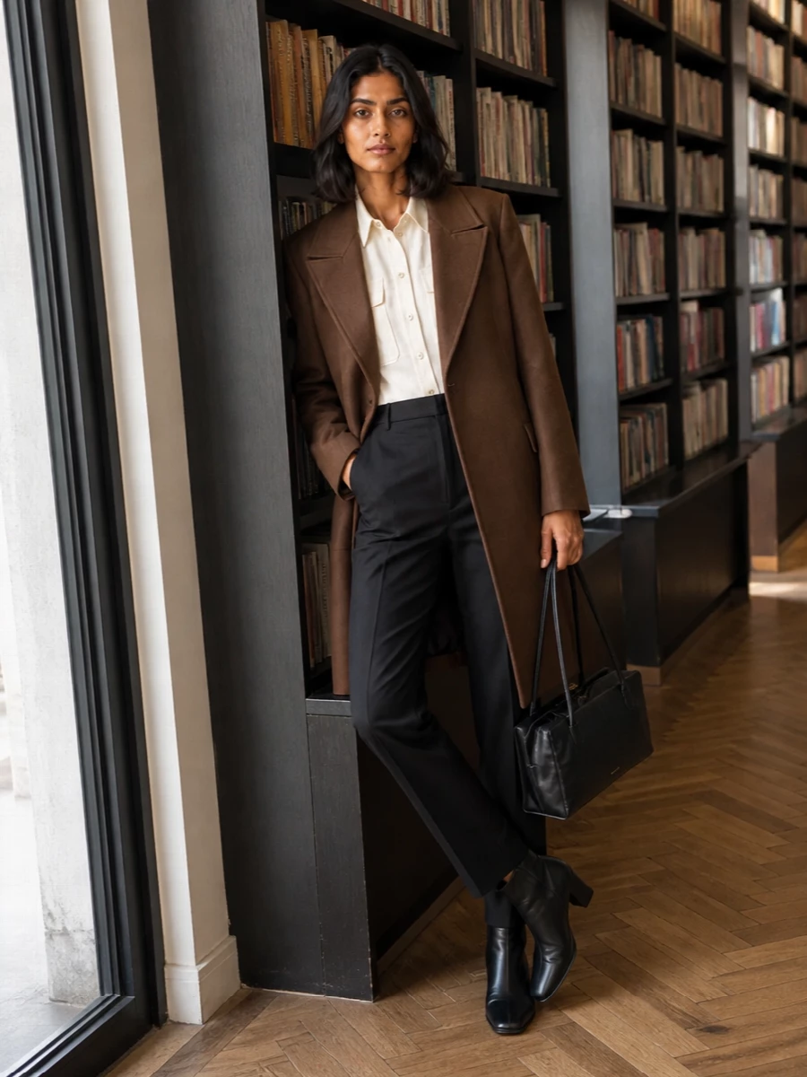 Jil sander brown coat black trousers outfit