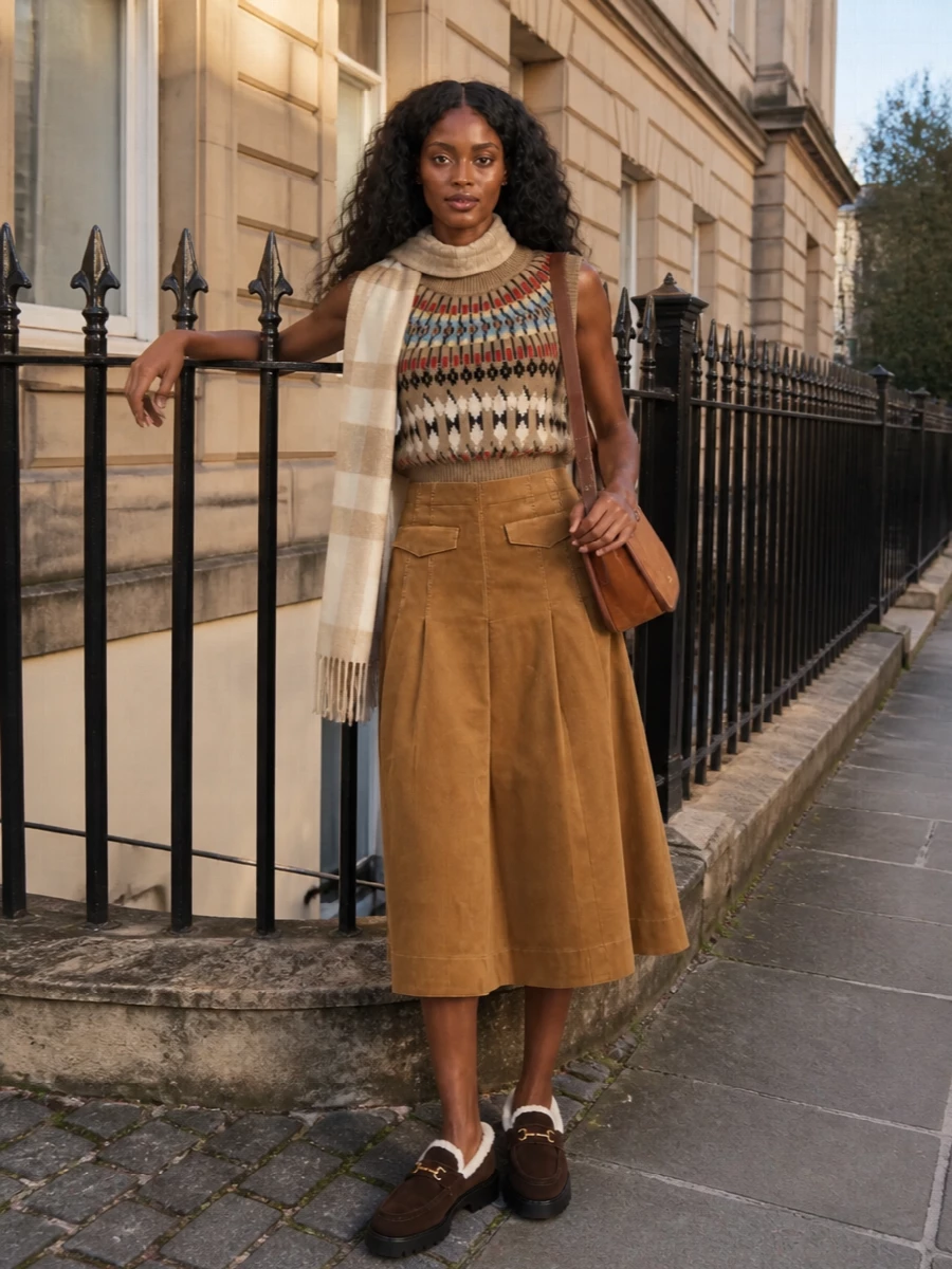 Polo fair isle vest camel corduroy midi outfit