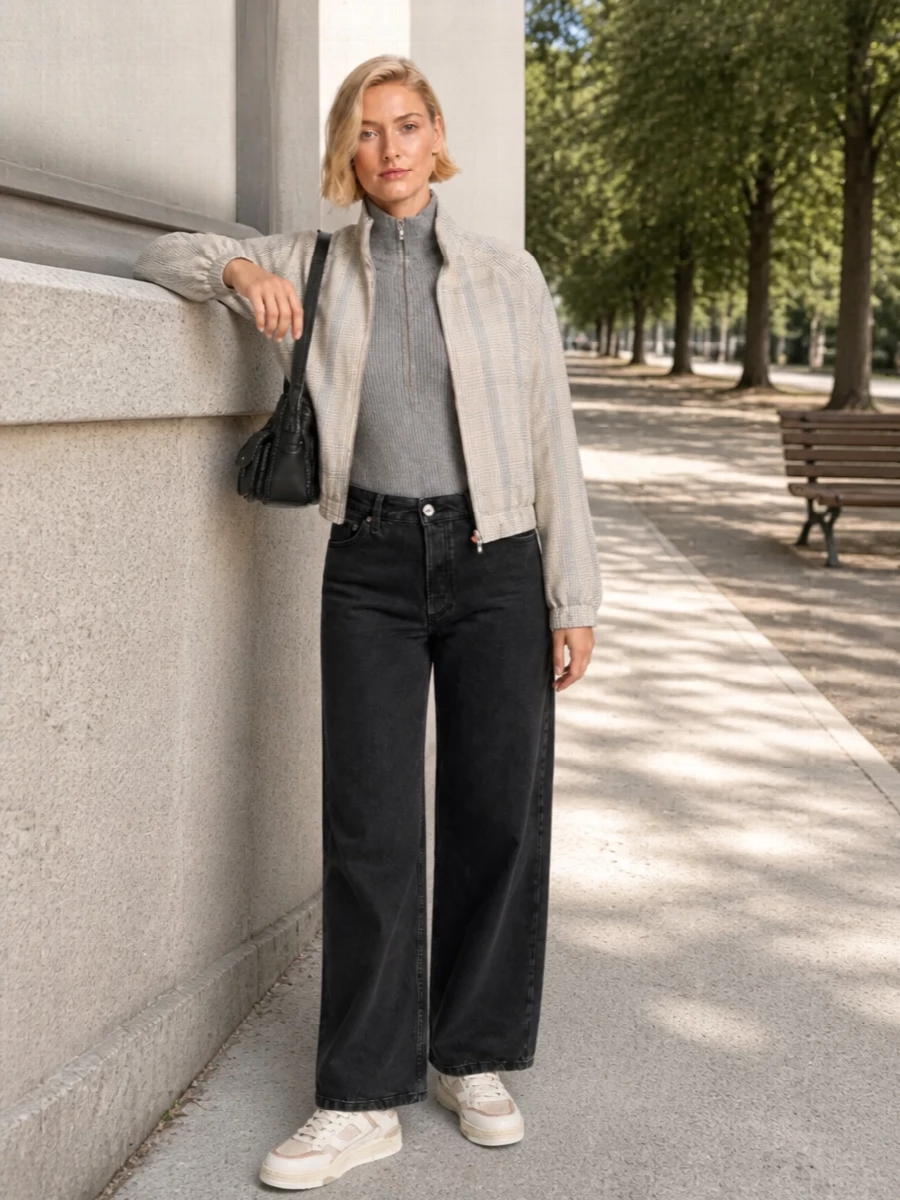 Acne bomber grey knit wide leg jeans outfit