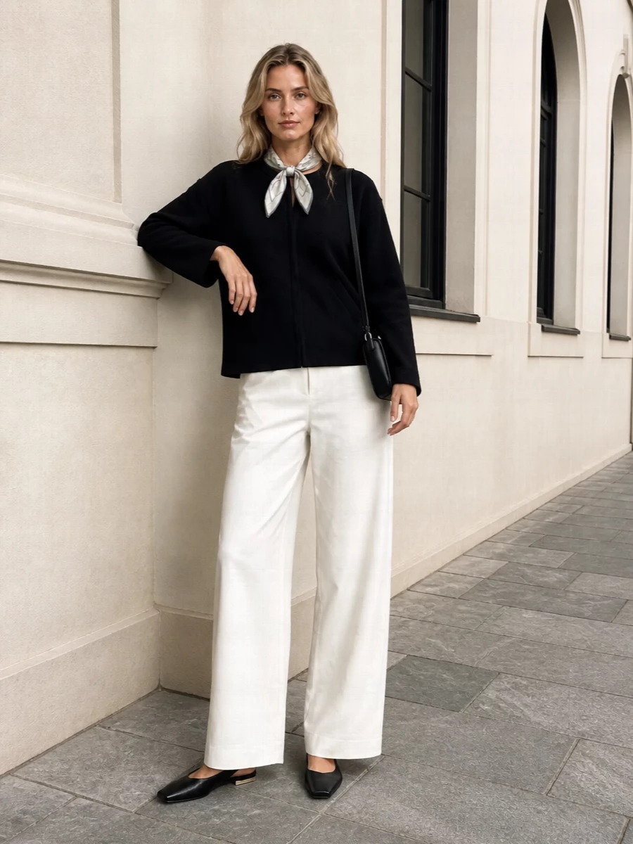 Mm6 cardigan ivory wide leg trousers outfit
