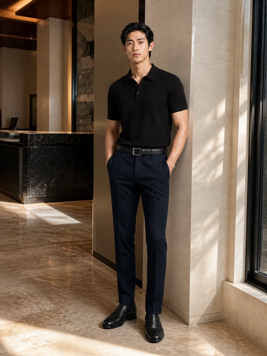 Calvin klein navy trousers black polo loafers